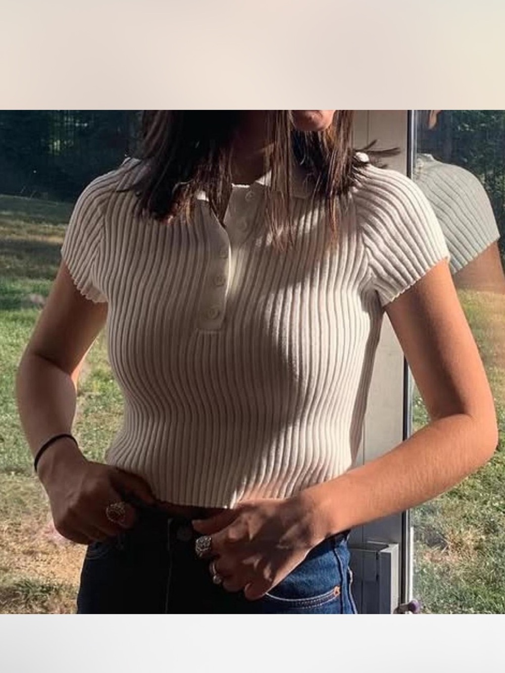 Ribbed Polo Crop Top - Cream
